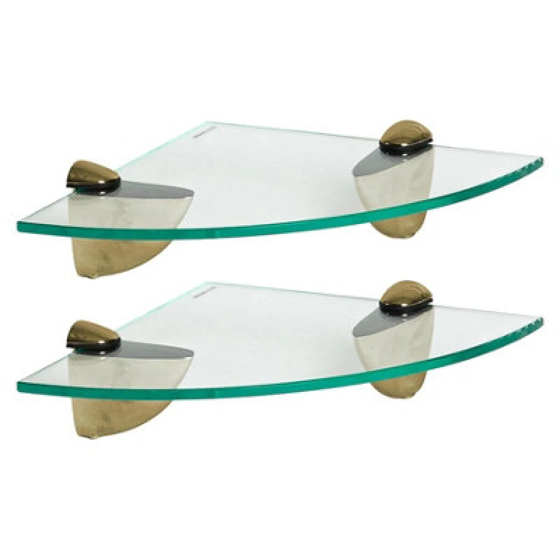 Image of Harbour Housewares 2X Floating Glass Corner Shelves - 20Cm - Gold Brackets - Bathroom Shower Storage Vanity Display Unit Shelf