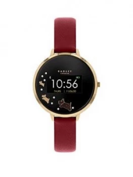 image of Radley Series 3 Smartwatch With Gold Dog Print Screen And Dark Red Strap Ladies Watch