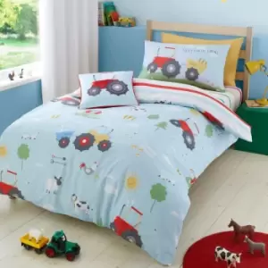 Image of Farmyard Friends Print 100% Cotton Reversible Duvet Cover Set, Blue, Single - Bedlam
