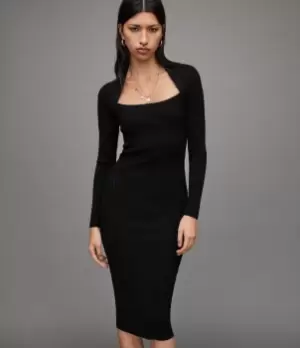Image of AllSaints Womens Rea Midi Dress, Black, Size: L