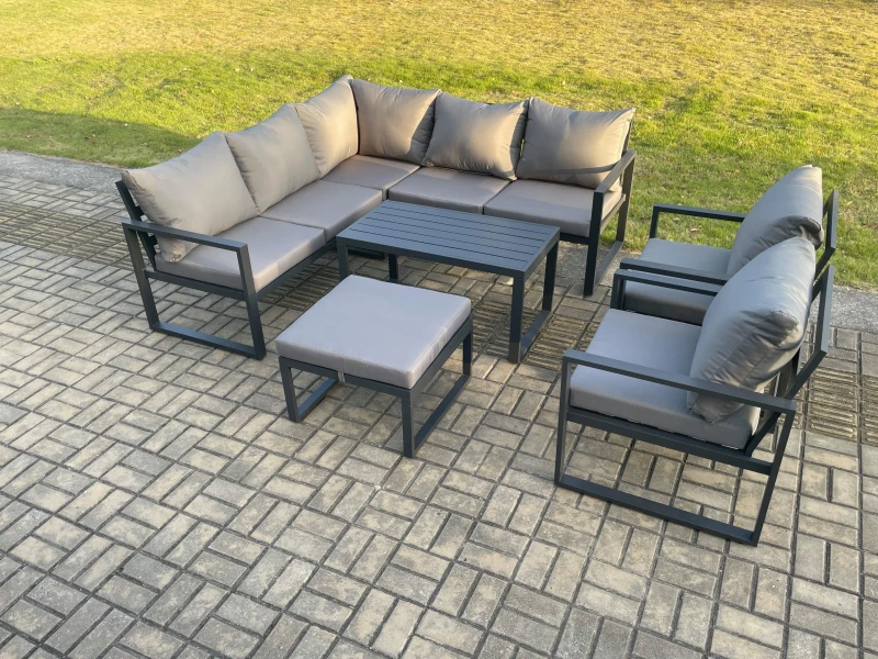Image of Fimous Aluminium Outdoor Garden Furniture Set Lounge Sofa Oblong Coffee Table Sets with 2 Pcs Chair Big Footstool Indoor Conservatory Set in Dark Grey