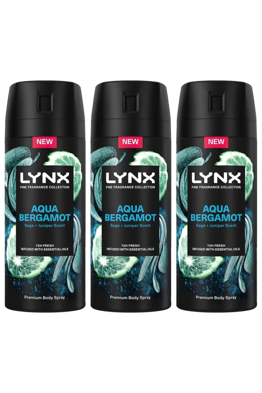 Image of Lynx Fine Fragrance Aqua Bergamot Deo 'Body Spray'150ml 3 Pack Green male