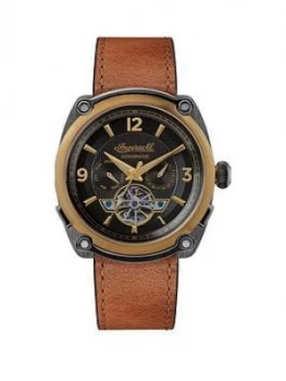 Image of Ingersoll Ingersoll Limited Edition The Michigan Black And Bronze Plated Automatic Dial Tan Leather Strap Watch