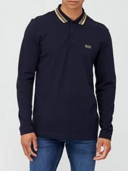 Image of Hugo Boss Athleisure Plisy Tipped Collar Long Sleeve Polo Shirt Navy Size S Men