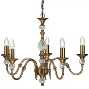 Image of Diana Ceiling Pendant Chandelier Antique Brass & K9 Crystal Curved 5 Lamp Light