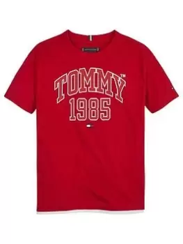 Image of Tommy Hilfiger Boys Tommy Varsity Short Sleeve T-Shirt - Deep Crimson, Red, Size 12 Years