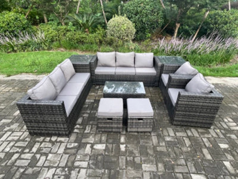 Image of Fimous Outdoor Lounge Sofa Set Wicker PE Rattan Garden Furniture Set with 2 Armchairs Oblong Coffee Table 2 Small Footstools Dark Grey