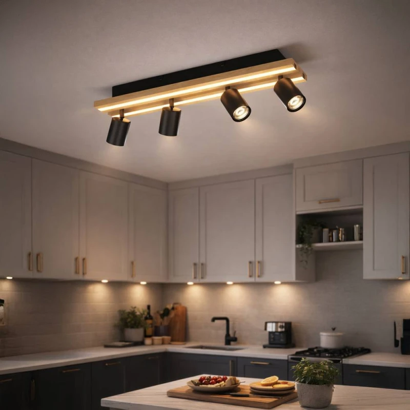 Image of Eglo Gesteira Steel & Wood LED Warm White Modern 4-Light Spotlight in Black Unisex