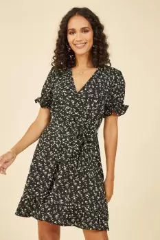 Image of Black Ditsy Print Wrap Dress With Frill Details