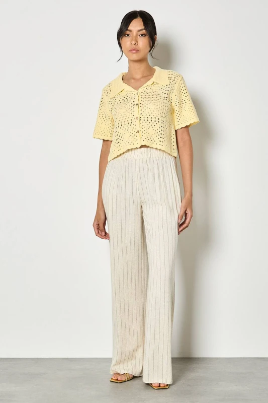 Image of Apricot Womens Pinstripe Linen Blend Wide-Leg Trousers in Stone Size: 14 Stone Female 14