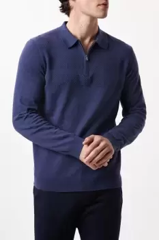 image of Blue Textured Panel Knitted Polo Shirt