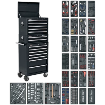 image of Sealey Superline Pro 14 Drawer Roller Cabinet, Mid and Top Tool Chests + 1179 Piece Tool Kit Black