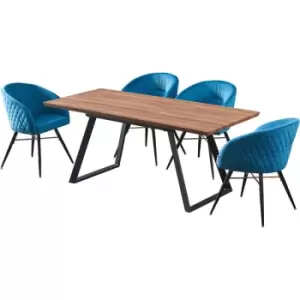 Image of 5 Pieces Life Interiors Vittorio Toga Dining Set - an Extendable Brown Rectangular Wooden Dining Table and Set of 4 Blue Dining Chairs - Blue