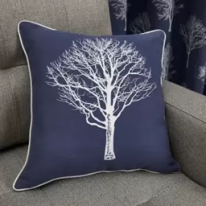 Woodland Trees Print 100% Cotton Filled Cushion, Navy, 43 x 43cm - Fusion