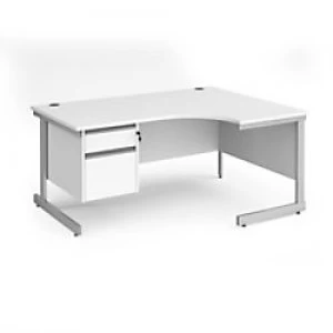 image of Dams International Right Hand Ergonomic Desk with 2 Lockable Drawers Pedestal and White MFC Top with Silver Frame Cantilever Legs Contract 25 1600 x 1