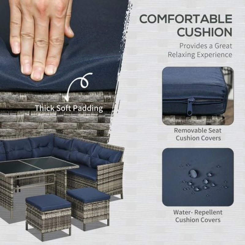 Image of Outsunny 6 PCs Patio wicker Sofa Set Rattan Chair Furniture with Glass & Cushioned, Blue 860-015V70GG