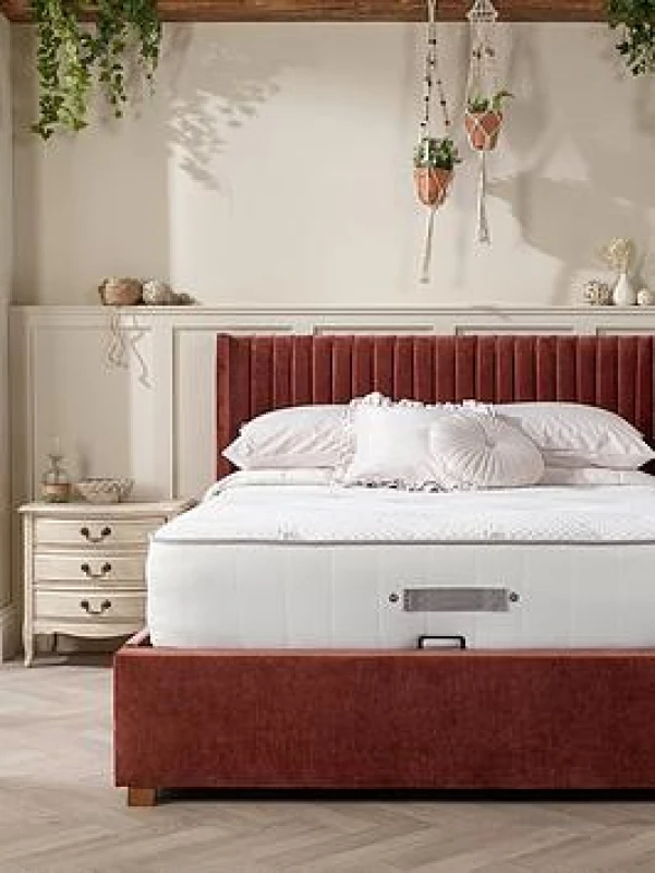 Image of CATHERINE LANSFIELD Soho Upholstered Wing Headboard Ottoman Storage Bed with vertical Lines rust orange Tissu SMALL DOUBLE (120 x 190cm)