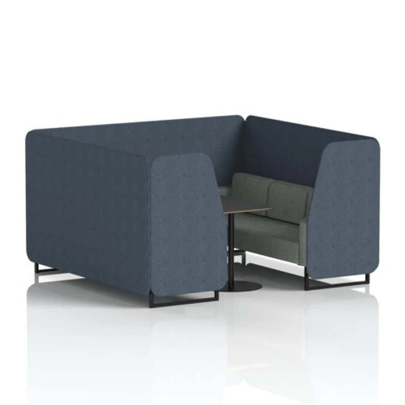 Image of Brixworth 6 Seater Office Booth with Front Panel - Black Legs and Black Table with Black Leg in Rivet Fabric - Crucible Panels and Prime Sofa