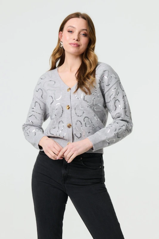 Image of Izabel London Womens Sequin Embellished Cropped Cardigan in Grey Size: Small Grey Female S