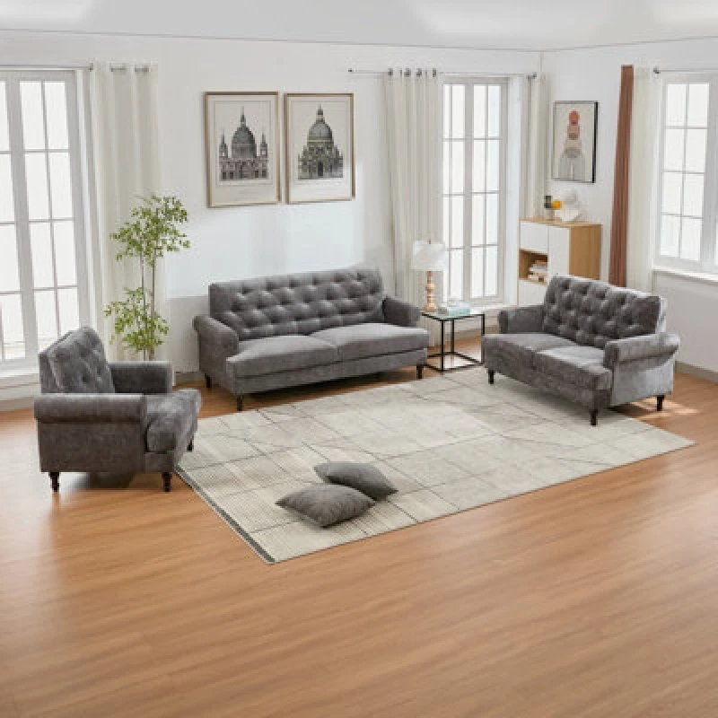Image of Velvet Tufted Sofa Set, Gray Velvet Sectional Couch Suite-1+2+3 Set