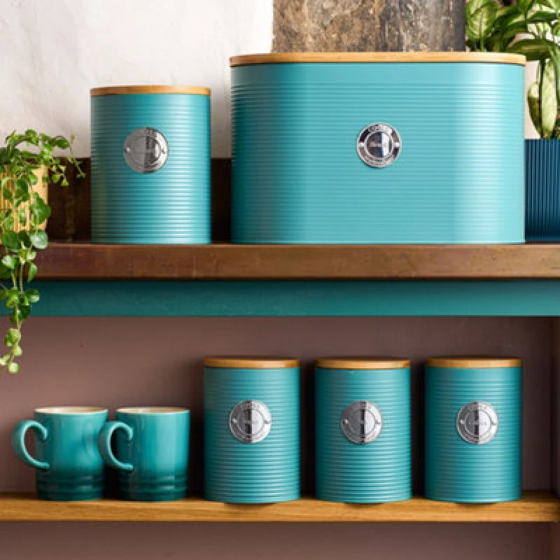Image of Cooks Professional 5Pc Tea, Coffee, Sugar, Biscuit & Bread Ribbed Canister Kitchen Storage Set With Bamboo Lids - Teal & Silver