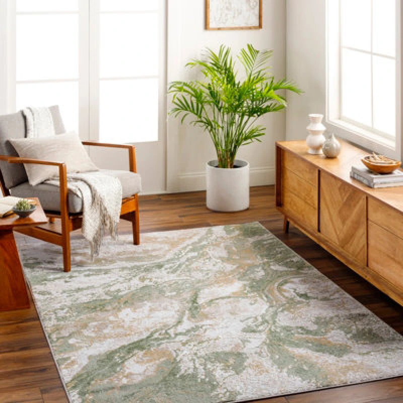 Image of Livabliss Abstract Modern Marble Moss Green Octavia Area Rug 160 X 213cm - Easy Care, Non Shedding, Ideal For Living Room & Bedroom