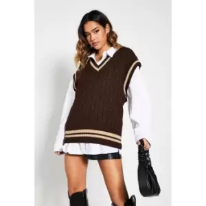 image of I Saw It First Oversized Varsity Deep V Vest - Brown