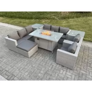 Image of Fimous 8 Seater Outdoor Light Grey Rattan Fire Pit Lounge Complete Sofa Set with Gas Heater and Big Footstool