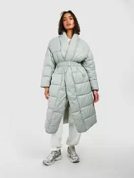 Image of Boohoo Belted Puffer Jacket - Sage, Green, Size 12, Women