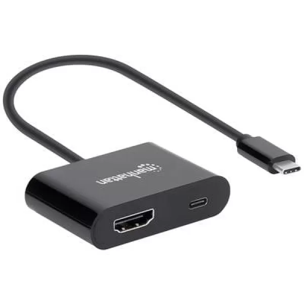 Image of Manhattan USB 2.0 Adapter [1x USB-C plug - 1x HDMI socket, USB-C socket (Power Delivery)] 153416 Duplex use connector, incl. charger jack