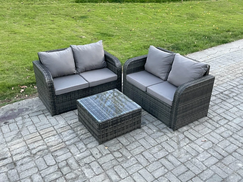 Image of Fimous Rattan Sofa Set Outdoor Garden Furniture Set with Square Coffee Table Loveseat Sofa Dark Grey Mixed Dark Grey