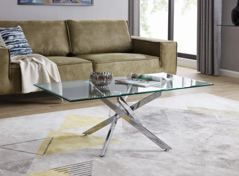 Image of FurnitureboxUK FurnitureboxUK Leonardo Rectangular Glass Coffee Table with Metal Angled Starburst Legs for Modern Living Rooms in Silver Silver One Si
