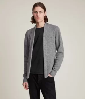 image of AllSaints Mens 100% Merino Wool Lightweight Mode Cardigan, Grey, Size: M