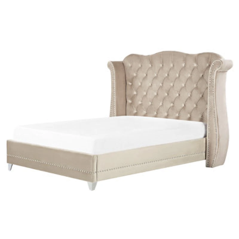 Image of Beliani Bed Velvet Ayette 160 X 200 Cm (Eu King Size) Beige