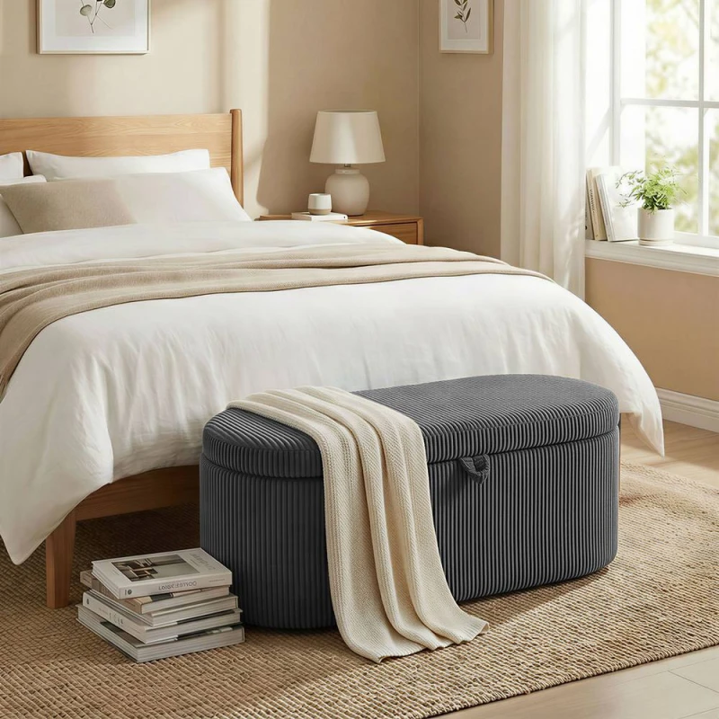 Image of HOMCOM Storage Ottoman, Corduroy Ottoman Storage Box with Padded Seat in Dark Grey Dark Grey Unisex