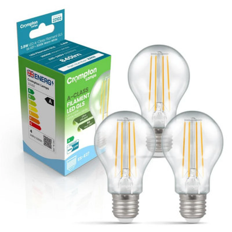 Image of Crompton Lamps LED Ultra-Efficient GLS 3.8W E27 Dimmable A-Class Warm White Clear (60W Eqv)