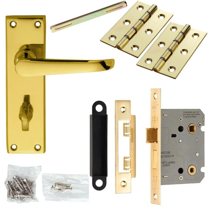 Image of Loops Door Handle & Bathroom Lock Pack Brass Victorian Straight Thumbturn Backplate Metallics