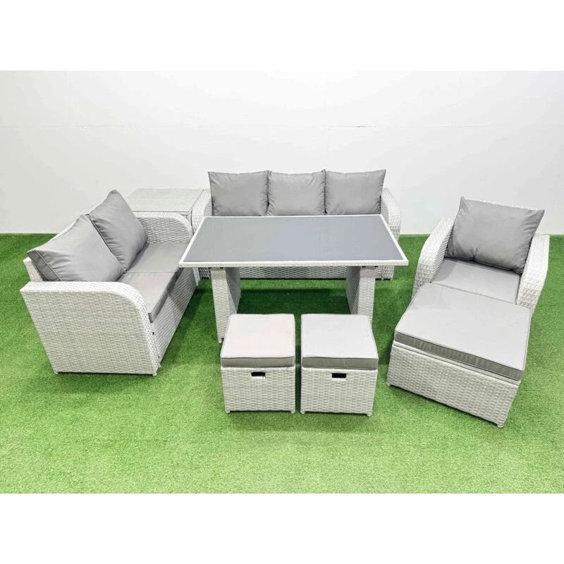 Image of Fimous Rattan Outdoor Sofa Set with Side Table 3 Stools Light Grey 9 Seater Light Grey Unisex