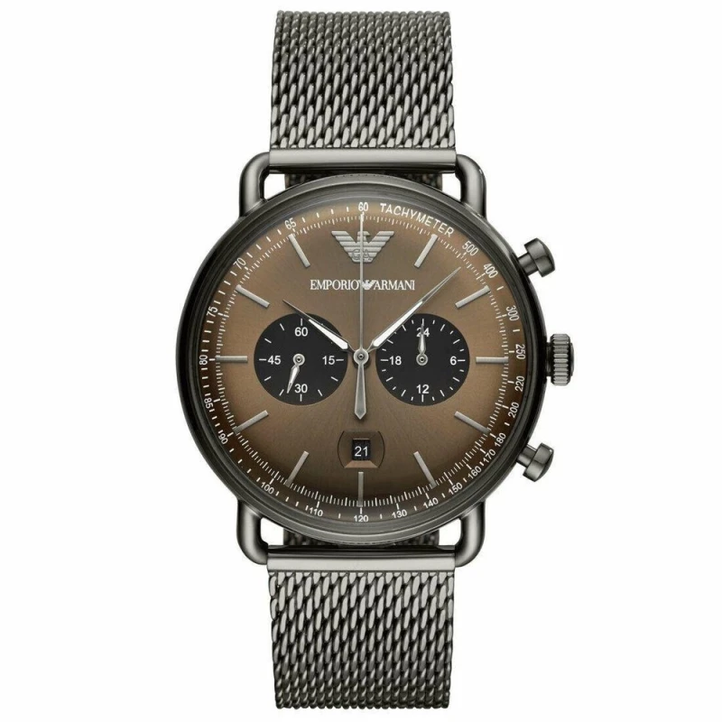 Image of Emporio Armani AR11141 Aviator Brown Dial Grey Mesh Bracelet Mens Watch