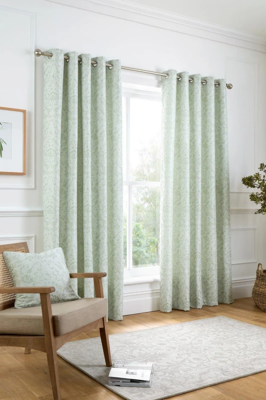 Image of Curtina Marple Jacquard Birds Eyelet Curtains - Sage Green Green 90x90 Inch