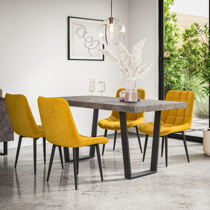 Image of More4Homes Aria Dining Table And Chairs - Concrete Effect Table Top W Black Legs + Nova Velvet Dining Chair Set Of 4 (Mustard)