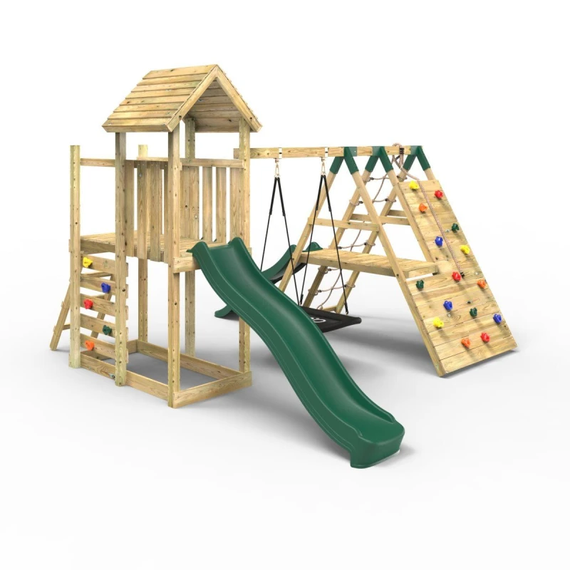 Image of OutdoorToys Extended Garden Tower Wooden Climbing Frame with Swings & Slide for Kids - Crestone in Beige Beige Unisex