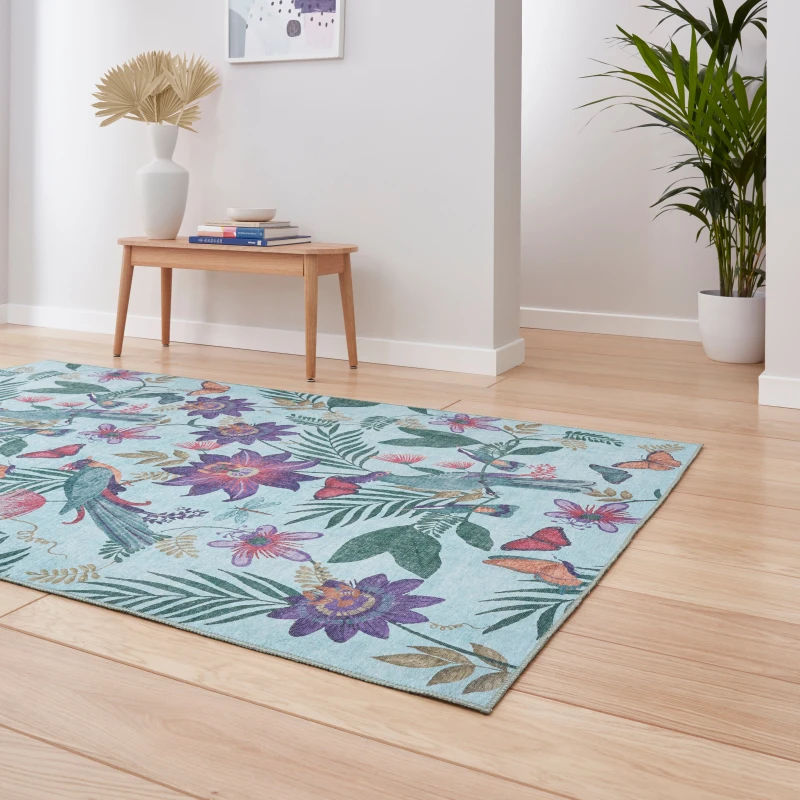 Image of Catherine Lansfield Amaya Tropical Birds Washable Rug Purple
