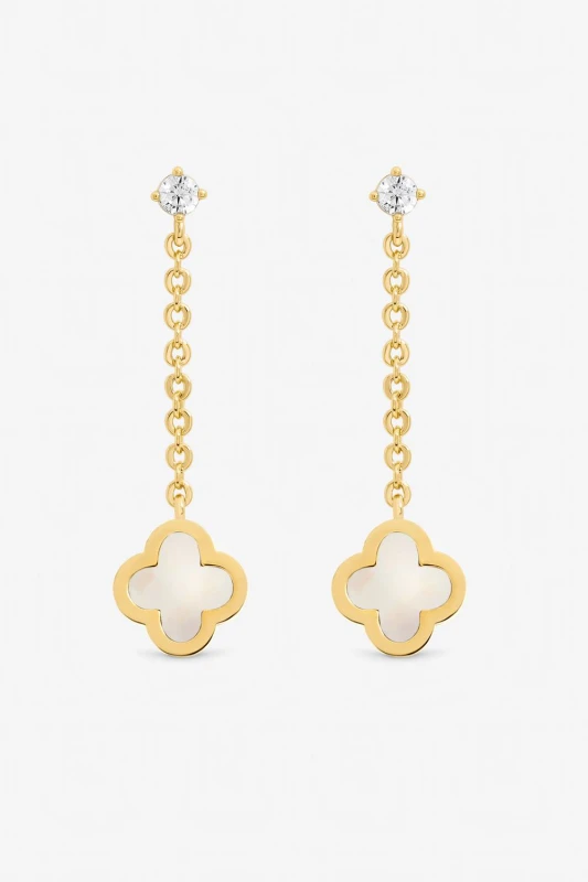 Image of Jon Richard Womens Gold Plated & Mother of Pearl Clover Chain Drop Earrings Gold Female One Size