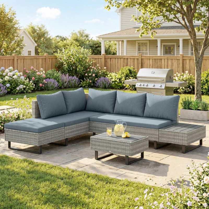 Image of OUTSUNNY 5 Seater Rattan Garden Furniture Set, Adjustable Back, Grey Grey Unisex