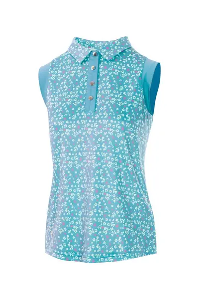 image of Island Green Floral All Over Print Sleeveless Polo Shirt Aqua