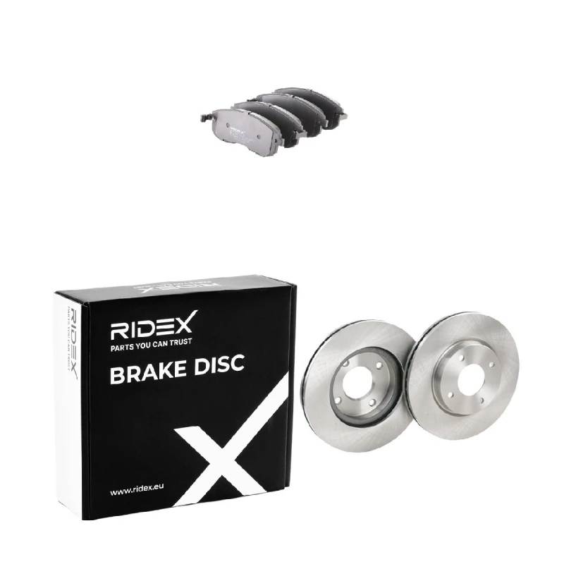 Image of RIDEX 3405B1947 Brake disc and pads set Front Axle, Brake Disc Type: internally vented, with acoustic wear warning Brake Set,disc brakes (3405)