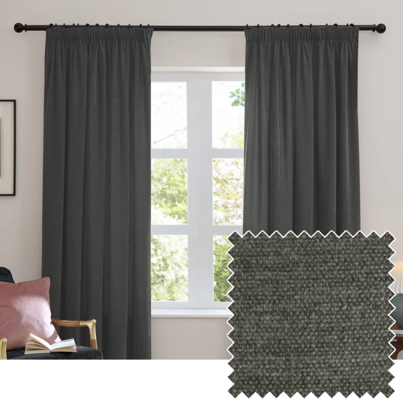 Image of Furn Soft Chenille Blackout Pencil Pleat Curtain Pair in Charcoal Size: 117cm width x 137cm drop Charcoal Unisex 117cm width x 137cm drop