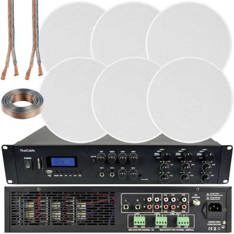Image of Loops 1200W Bluetooth Sound System 6x 120W Slim Ceiling Speaker 6 Zone Mixer Amplifier Multi unisex