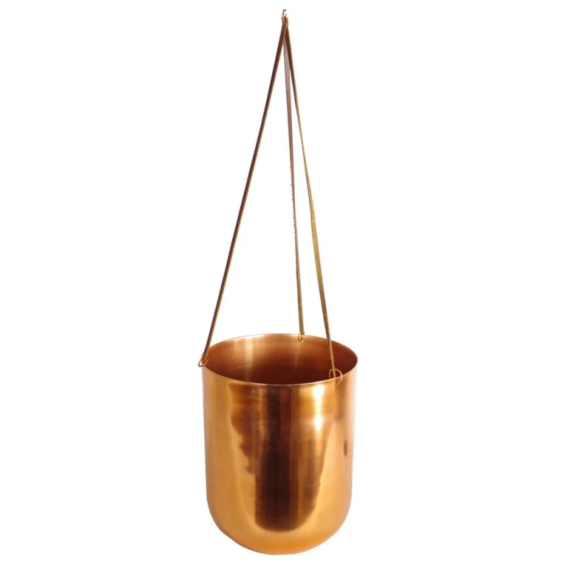 Image of Leaf Leaf Copper Hanging Planter Leather Straps Modern Contemporary 18 x 22cm Botanik Copper